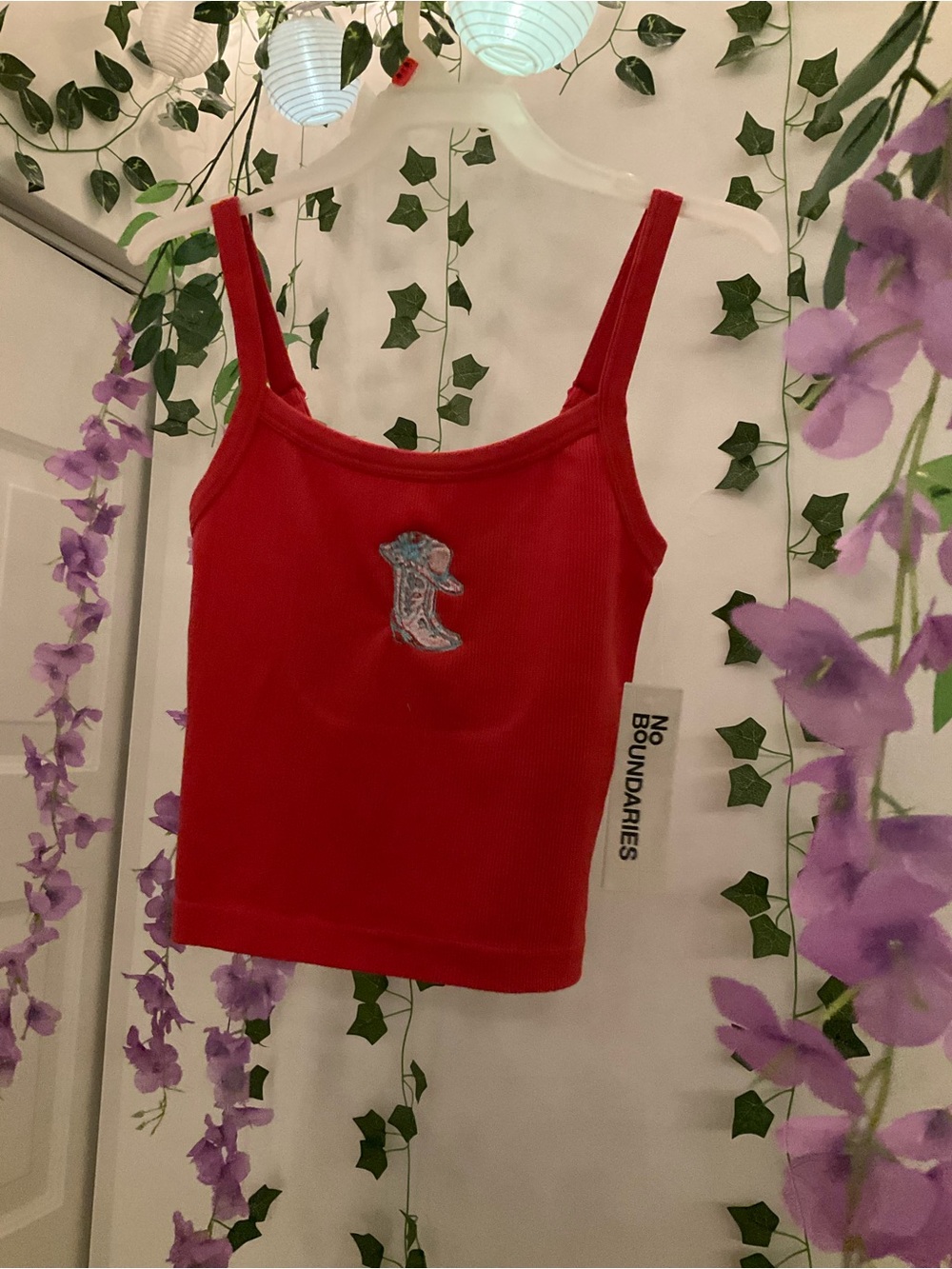 No Boundaries Red Ribbed Tank with Embroidered Cowboy Boot